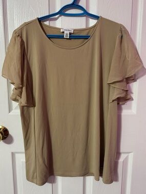 Calvin Klein Taupe Layered Ruffle Sleeve Blouse